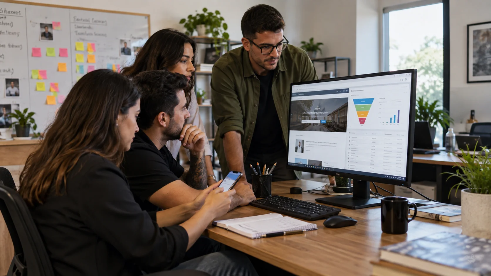 Equipe de marketing e vendas acompanhando contatos qualificados gerados por um site