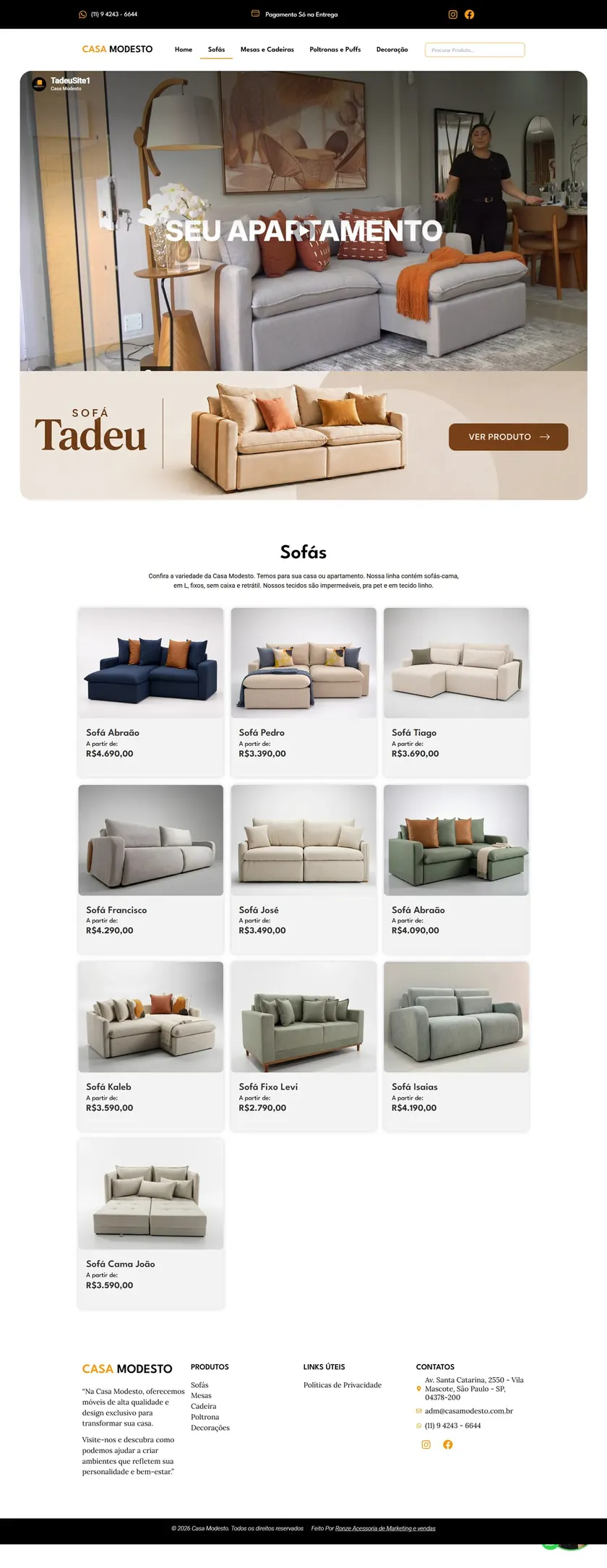 Página da categoria de sofás no site da Casa Modesto