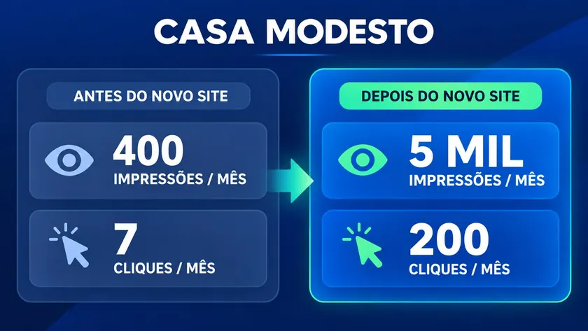 Comparação do desempenho da Casa Modesto antes e depois do novo site: de 400 para 5 mil impressões mensais e de 7 para 200 cliques mensais