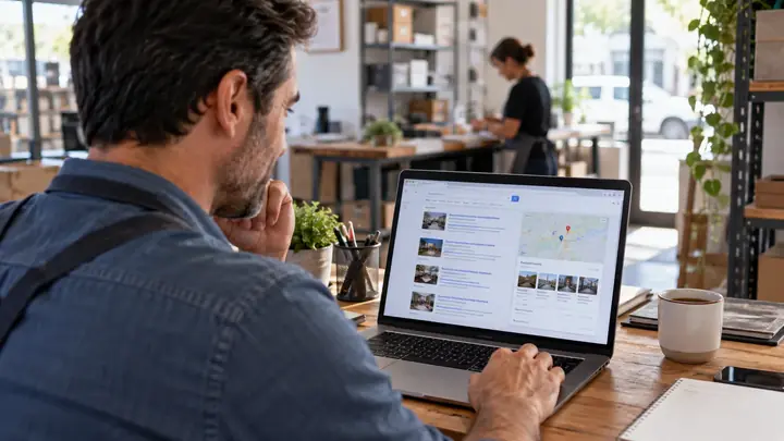 Proprietário de empresa pesquisando seu serviço e sua localização em um mecanismo de busca