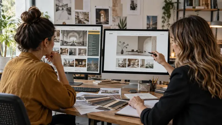 Designer e empresária comparando a versão antiga e a nova versão de um site durante o redesign
