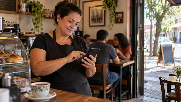 Dona de um café de bairro usando o celular para acompanhar a presença local de sua empresa