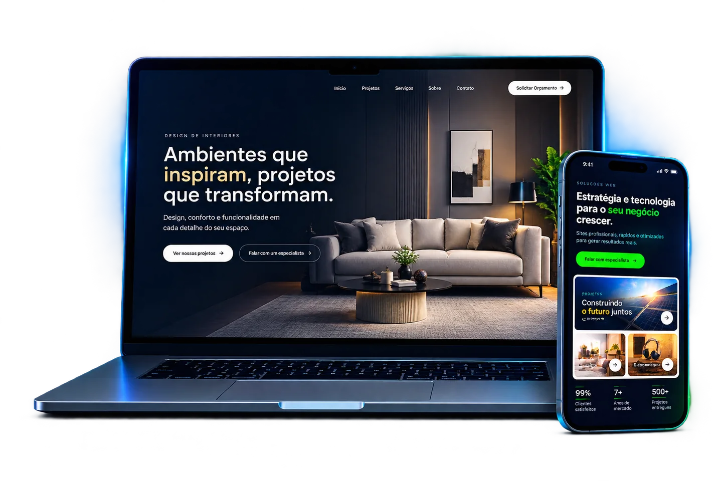 Notebook e celular exibindo sites profissionais criados pela FazerSites